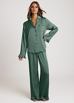 Ruffled Satin Long Sleeve Pajama Set