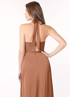 Azazie Delmar Final Sale English Rose A-Line Halter Bow Stretch Satin Dress image4