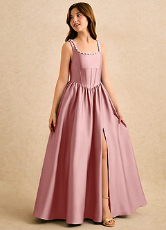Azazie Enid Girls Formal Abiti da Ragazza di Fiori Abito A-Line in Raso Elasticizzato Con perline Rosa Polverosa image3