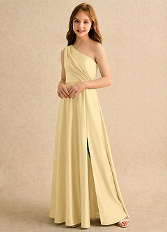 Azazie Puddles Girls Formal Jurken voor bloemenmeisjes A-lijn Jurk van Stretch Satijn One-shoulder Boter image4