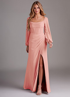 Azazie Charissa Brautjungfernkleider Etui Langarm Chiffon Kleid Rosettenrosa image3