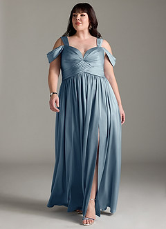 Azazie Lianne Robes de demoiselle d'honneur Robe Trapèze en Satin extensible Épaule décolletée Bleu Poussiéreux image11