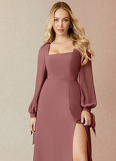 Azazie Leonia Robes de demoiselle d'honneur Robe Trapèze en Mousseline de soie Manche longue Rose Du Désert image5