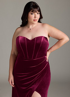 Azazie Jas At-home Try On Dresses Black Sheath Off-The-Shoulder Corset Velvet Convertible Dress image19