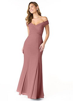 Azazie Lecia Bridesmaid Dresses Desert Rose Empire Off-The-Shoulder Pleated Chiffon Convertible Dress image1