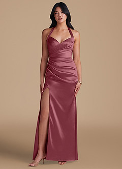 Azazie Emeria Bridesmaid Dresses Desert Rose Sheath Side Slit Metallic Satin Dress image5