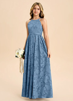 Azazie Arianthe Junior Steel Blue A-Line Pleated Floral Burnout Dress image6