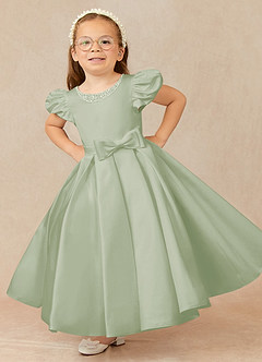 Azazie Jewel Flower Girl Dresses Dusty Sage Ball-Gown Pleated Matte Satin Dress image1