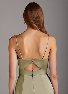Azazie Shania Bridesmaid Dresses Moss Green Sheath V-Neck Pleated Stretch Satin Dress image4