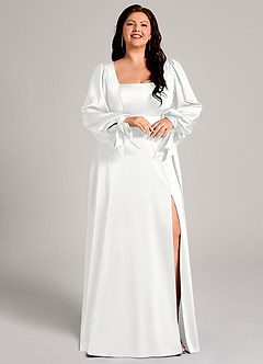 Azazie Leonia Abiti da Damigella Abito A-Line in Raso Elasticizzato Manica Lunga Bianco image12