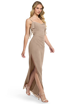 Azazie Jasmine Final Sale Taupe Sheath Side Slit Chiffon Dress image3