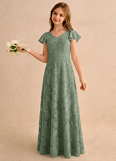 Azazie Narin Girls Formal Flower Girl Dresses Matcha A-Line with Sleeves Floral Burnout Dress image1