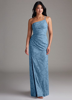 Azazie Eren Jurken voor bruidsmeisjes Jurk van Bloemen Burn-out met Kolom One-Shoulder Staal Blauw image4