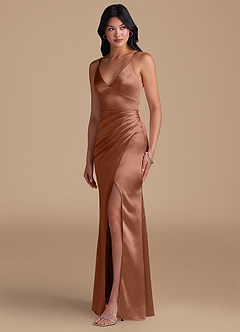 Azazie Shania Vestidos de damas de honor Vestido de Bronceador de Satén Metálico de Corte Recto con Plisado image6