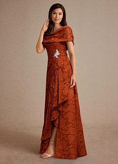 Azazie Branford Mother of the Bride Dresses Paprika A-Line Pleated Floral Burnout Dress image2