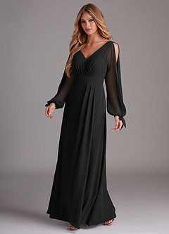 Azazie Matilda Bridesmaid Dresses Black A-Line Long Sleeve Chiffon Dress image1