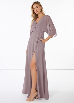 Azazie Rebecca Bridesmaid Dresses A-Line V-Neck Long Sleeve Chiffon Floor-Length Dress image3