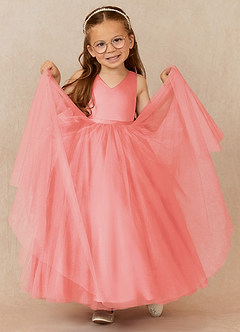 Azazie Marybell Flower Girl Dresses Coral A-Line Bow Tulle Dress image3