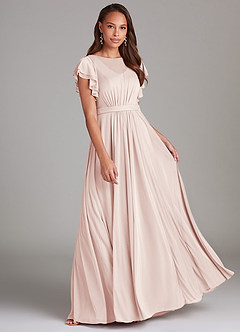 Azazie Daphne Modest Bridesmaid Dresses A-Line Ruched Mesh Floor-Length Dress image1