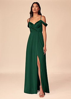 Azazie Ocean Bridesmaid Dresses Dark Green A-Line V-Neck Pleated Stretch Satin Dress image2