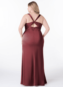 Azazie Mero Bridesmaid Dresses Merlot Sheath Pleated Stretch Satin Dress image8