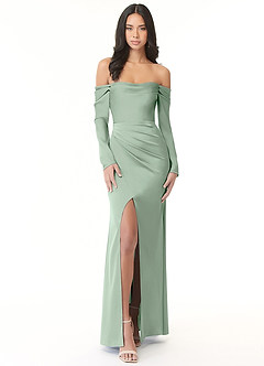 Azazie Hallie Bridesmaid Dresses Agave Sheath Off-The-Shoulder Long Sleeve Stretch Satin Convertible Dress image3