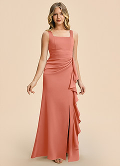 Azazie Adrienne Junior Salmon Pink Sheath Pleated Stretch Satin Dress image6