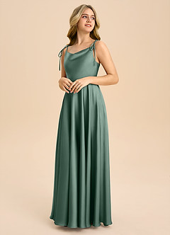 Azazie Popsy Junior Eucalyptus A-Line Bow Stretch Satin Dress image4