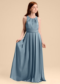 Azazie Bibiane Junior Dusty Blue A-Line Pleated Stretch Satin Dress image1