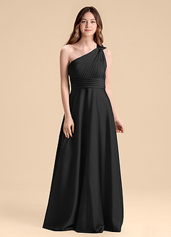 Azazie Charlize Junior A라인 주름진 스트레치 새틴 플로어 길이 주니어 신부 들러리 드레스 image1