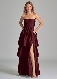 Azazie Faye Bridesmaid Dresses Cabernet A-Line Ruched Stretch Satin Dress image5