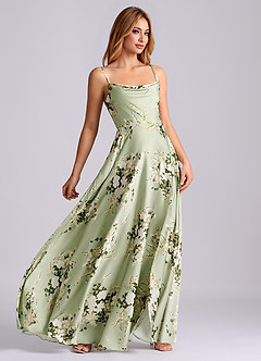 Azazie Elle Bridesmaid Dresses Floral Vines A-Line Pleated Stretch Satin Dress image3