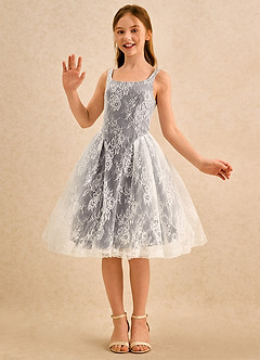 Azazie Cubbie Girls Formal Robe Demoiselle D'honneur Fillette Robe Trapèze en Dentelle Gris Acier image5
