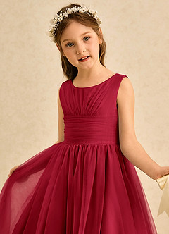 Azazie Macaron vestidos de niña de las flores Vestido Escarlata de Tul de Línea A con Plisado image5
