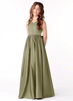 Azazie Hathaway Junior Vestido de Pistacho de Satén Elástico de Corte En A con Lazo image3