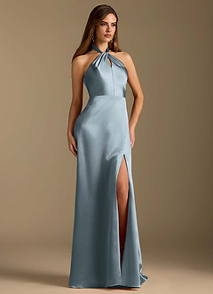 Azazie Tracie Abiti da Damigella Abito A-Line in Raso Metallizzato Plissettato Blu Polveroso image5