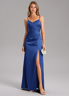 Azazie Azuree Bridesmaid Dresses Royal Blue A-Line Pleated Stretch Satin Dress image7