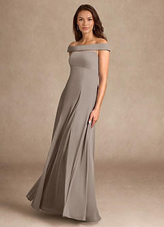 Azazie Ewa Mother of the Bride Dresses Taupe A-Line Off the Shoulder Mesh Dress image4