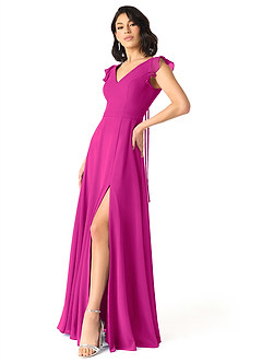 Azazie Claudine Final Sale Fuchsia A-Line Flutter Sleeve Chiffon Dress image3