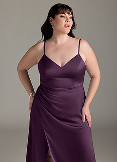 Azazie Marchella Bridesmaid Dresses Plum A-Line Corset Stretch Satin Dress image11