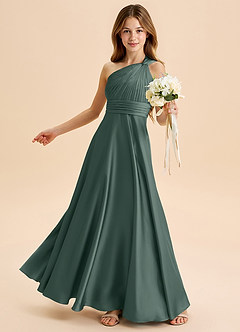 Azazie Charlize Junior Abito A-Line in Raso Elasticizzato Plissettato Muschio Marino image4