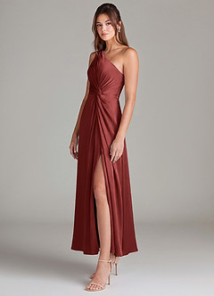 Azazie Brooke Robes de demoiselle d'honneur Robe Trapèze en Satin extensible Asymétrique Terracotta image5