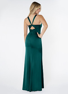 Azazie Mero Bridesmaid Dresses Peacock Sheath Pleated Stretch Satin Dress image3