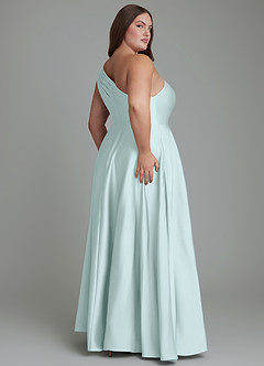 Azazie Melanie Bridesmaid Dresses Sea Glass A-Line Off the Shoulder Stretch Satin Dress image8