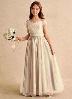 Azazie Yuna Girls Formal vestidos de niña de las flores Vestido de Champán de Tul de Corte en A con Vestidos sin tirantes image5