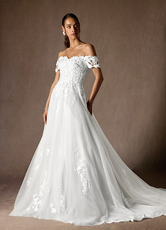 Azazie Rowe Wedding Dresses Diamond White Ball-Gown Off the Shoulder Tulle Dress image5