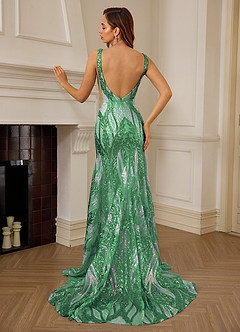 Jade Green Sequin Satin Side Split Deep V-neck Mermaid Marine Prom Dress image2