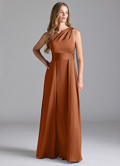 Azazie Dallas Robes de demoiselle d'honneur Robe Trapèze en Satin extensible Une épaule Cuivre image3