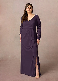 Azazie Risa Mother of the Bride Dresses Plum Mermaid V-Neck Pleated Mesh Dress image6