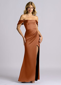 Azazie Auden Bridesmaid Dresses Copper Sheath Off the Shoulder Stretch Satin Convertible Dress image7